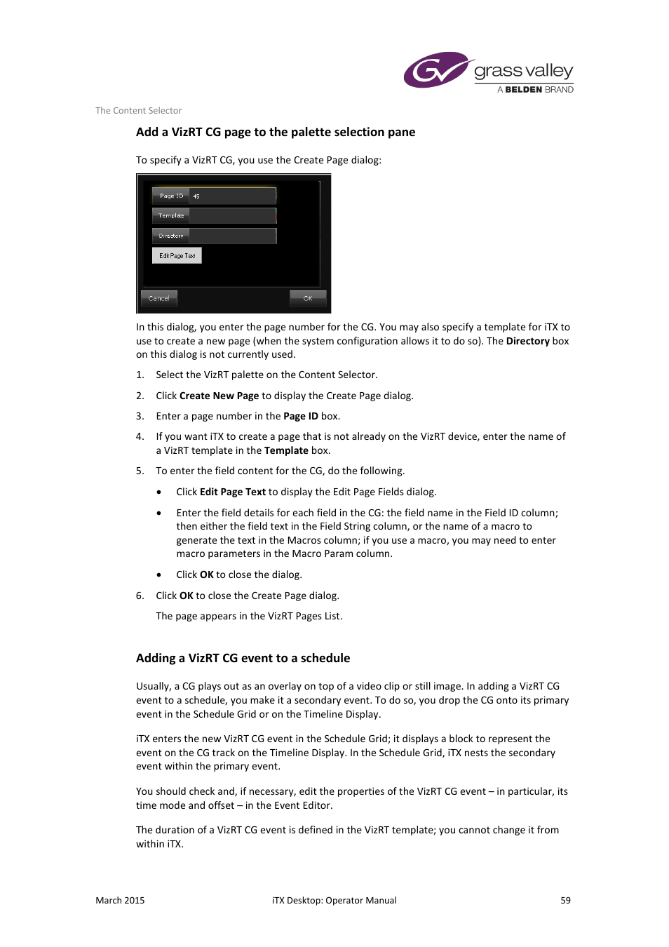 Adding a vizrt cg event to a schedule, Add a vizrt cg page to the palette selection pane | Grass Valley iTX Desktop v.2.6 User Manual | Page 79 / 373