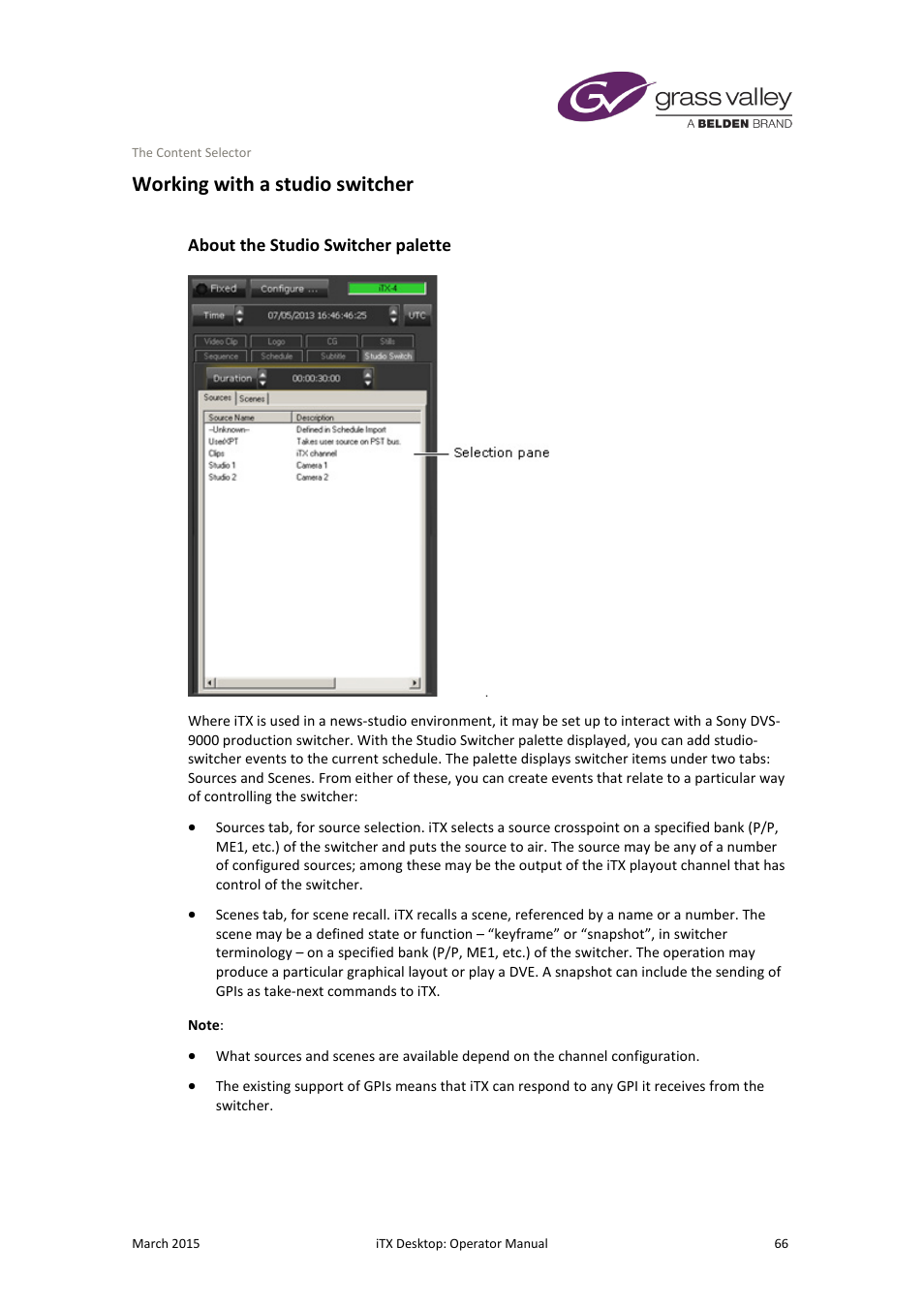 Working with a studio switcher, About the studio switcher palette | Grass Valley iTX Desktop v.2.6 User Manual | Page 86 / 373