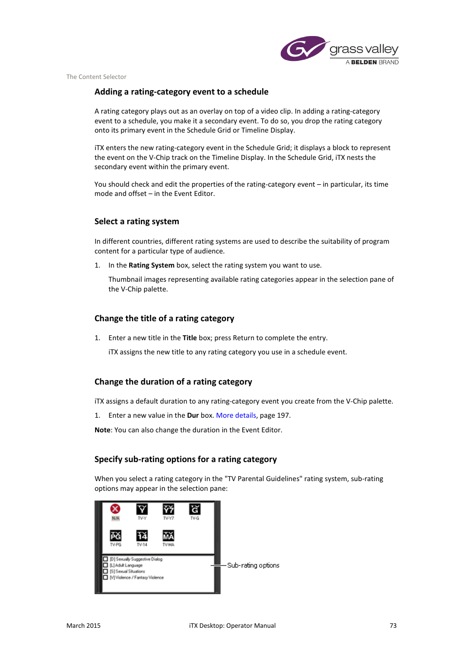 Adding a rating-category event to a schedule, Select a rating system, Change the title of a rating category | Change the duration of a rating category, Specify sub-rating options for a rating category | Grass Valley iTX Desktop v.2.6 User Manual | Page 93 / 373