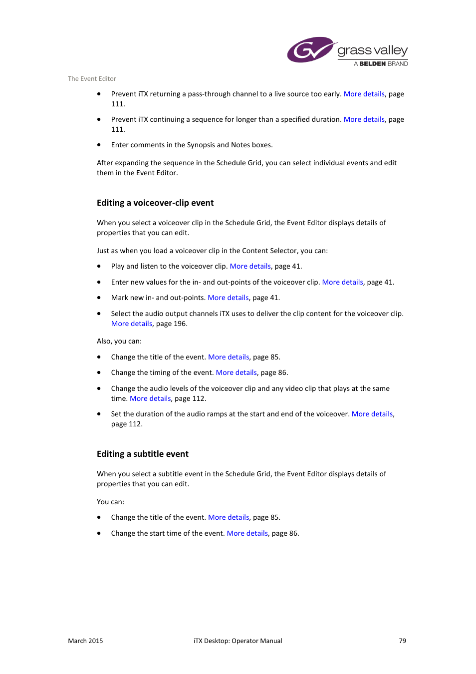 Editing a voiceover-clip event, Editing a subtitle event | Grass Valley iTX Desktop v.2.6 User Manual | Page 99 / 373