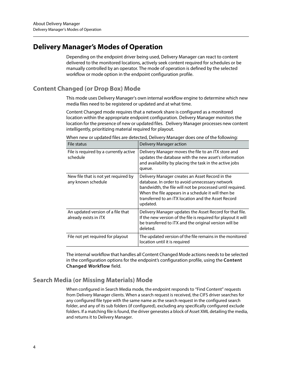 Delivery manager’s modes of operation, Content changed (or drop box) mode, Search media (or missing materials) mode | Grass Valley iTX Delivery Manager v.2.6 User Manual | Page 10 / 97