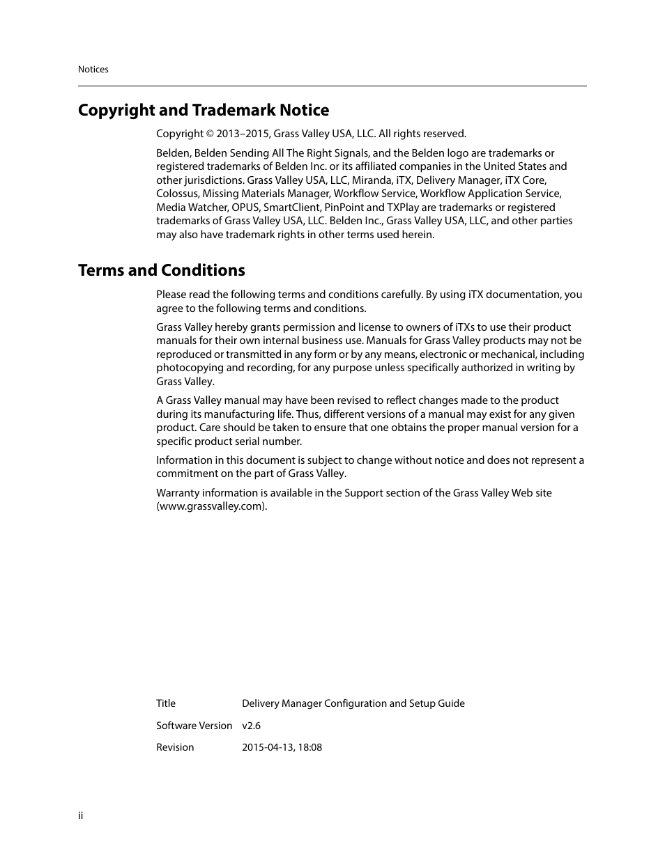 Copyright and trademark notice, Terms and conditions | Grass Valley iTX Delivery Manager v.2.6 User Manual | Page 2 / 97
