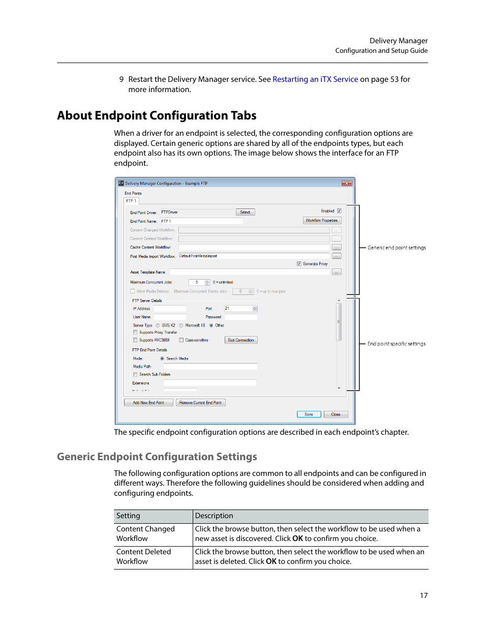 About endpoint configuration tabs, Generic endpoint configuration settings | Grass Valley iTX Delivery Manager v.2.6 User Manual | Page 23 / 97