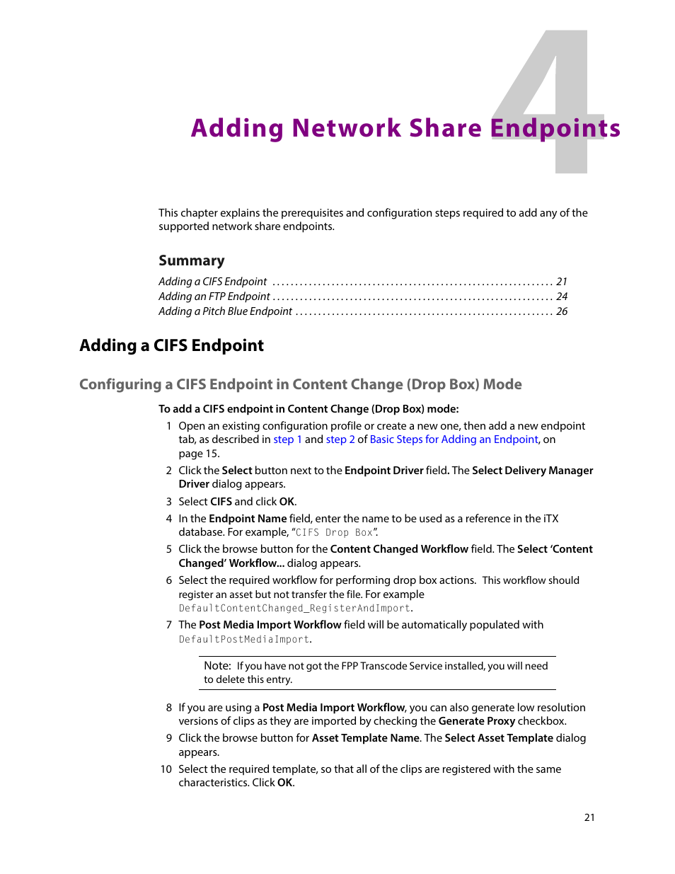 Adding network share endpoints, Adding a cifs endpoint, 4 adding network share endpoints | Summary | Grass Valley iTX Delivery Manager v.2.6 User Manual | Page 27 / 97