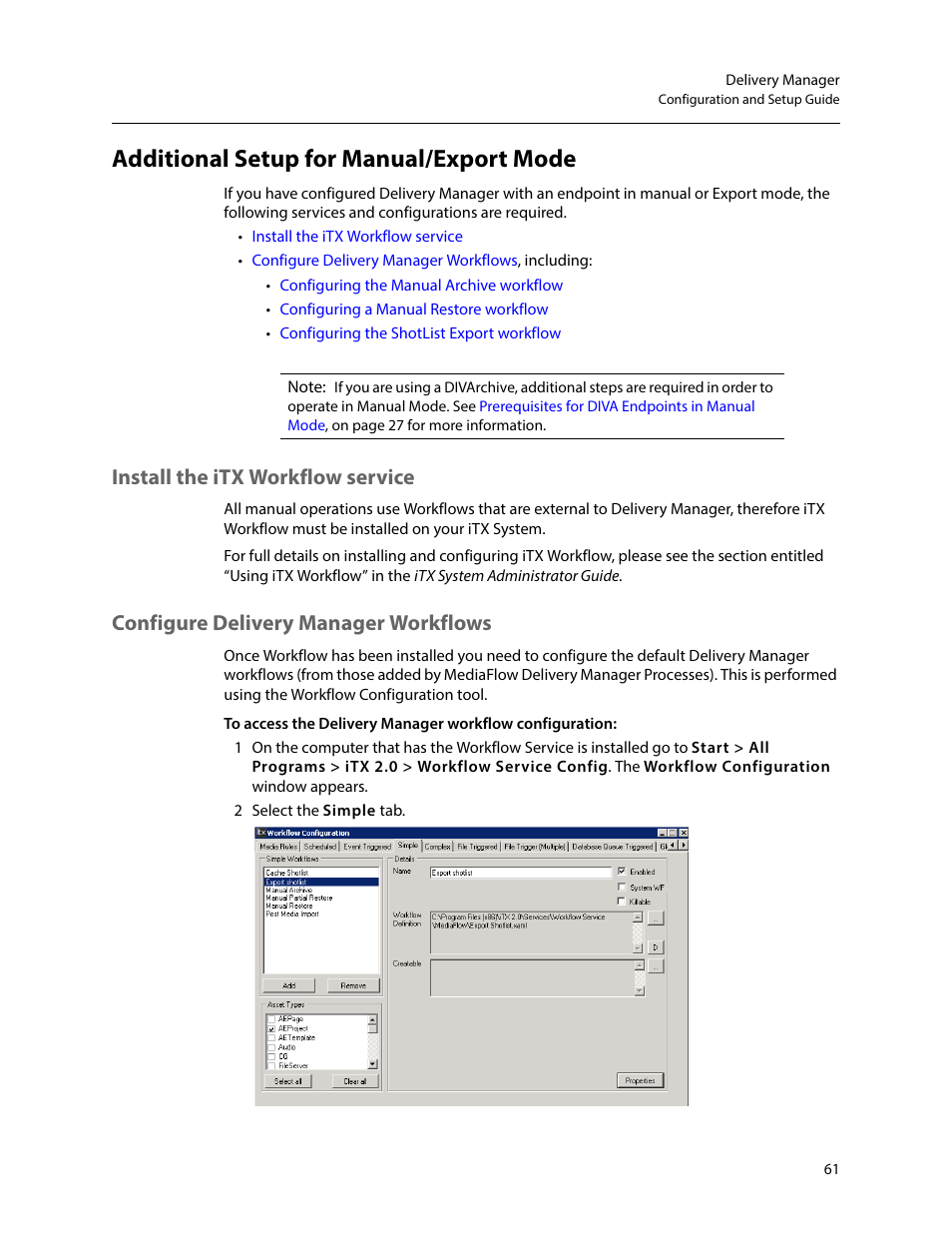 Additional setup for manual/export mode, Install the itx workflow service, Configure delivery manager workflows | Grass Valley iTX Delivery Manager v.2.6 User Manual | Page 67 / 97