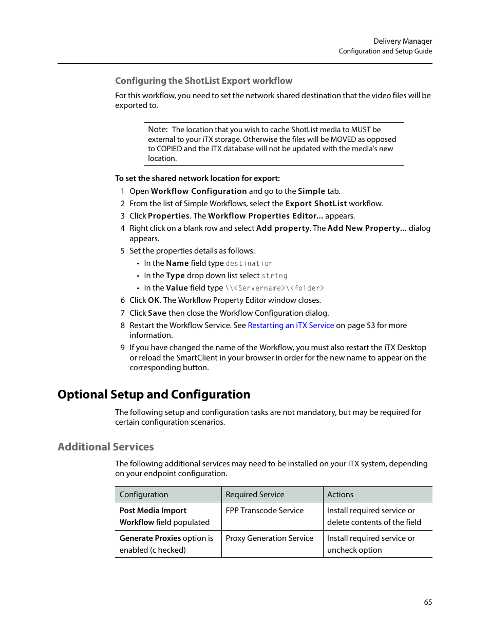 Configuring the shotlist export workflow, Optional setup and configuration, Additional services | Grass Valley iTX Delivery Manager v.2.6 User Manual | Page 71 / 97