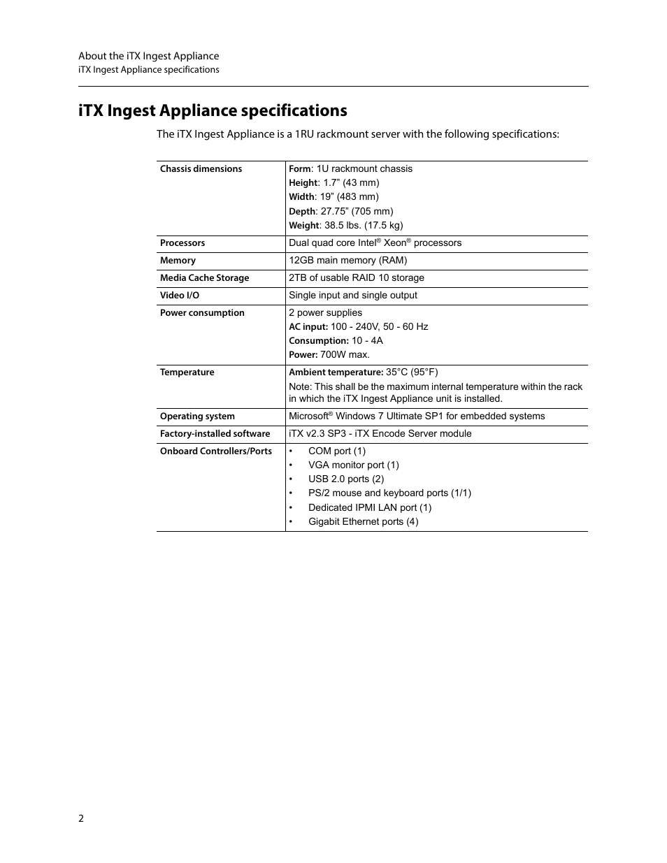 Itx ingest appliance specifications | Grass Valley iTX Ingest Appliance v.2.3 User Manual | Page 14 / 33