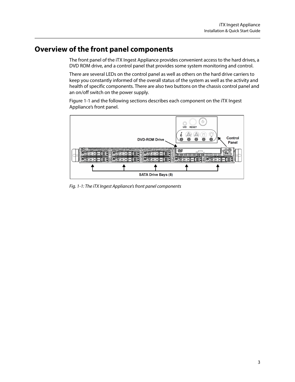 Overview of the front panel components | Grass Valley iTX Ingest Appliance v.2.3 User Manual | Page 15 / 33