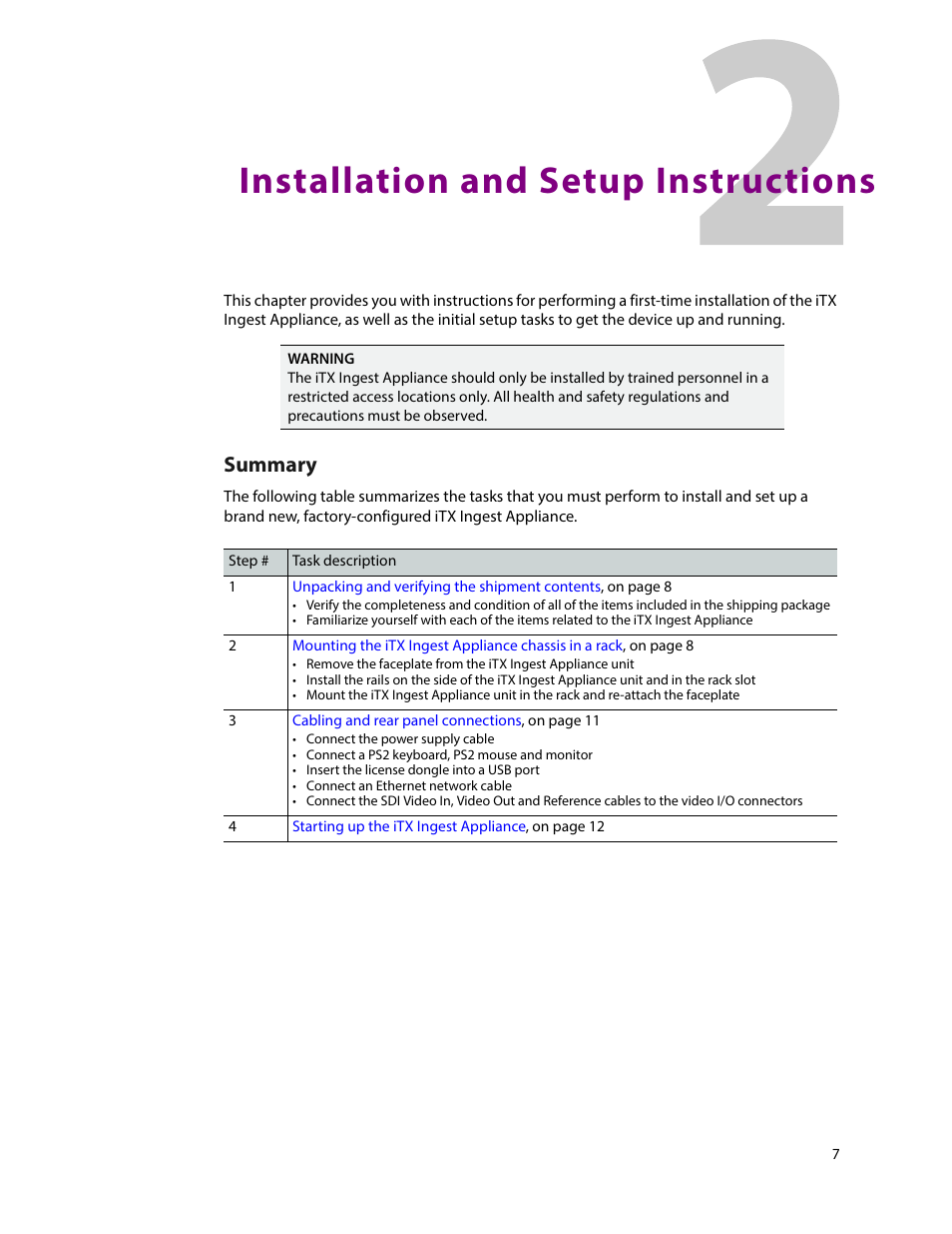 Installation and setup instructions, 2 installation and setup instructions, Summary | Grass Valley iTX Ingest Appliance v.2.3 User Manual | Page 19 / 33