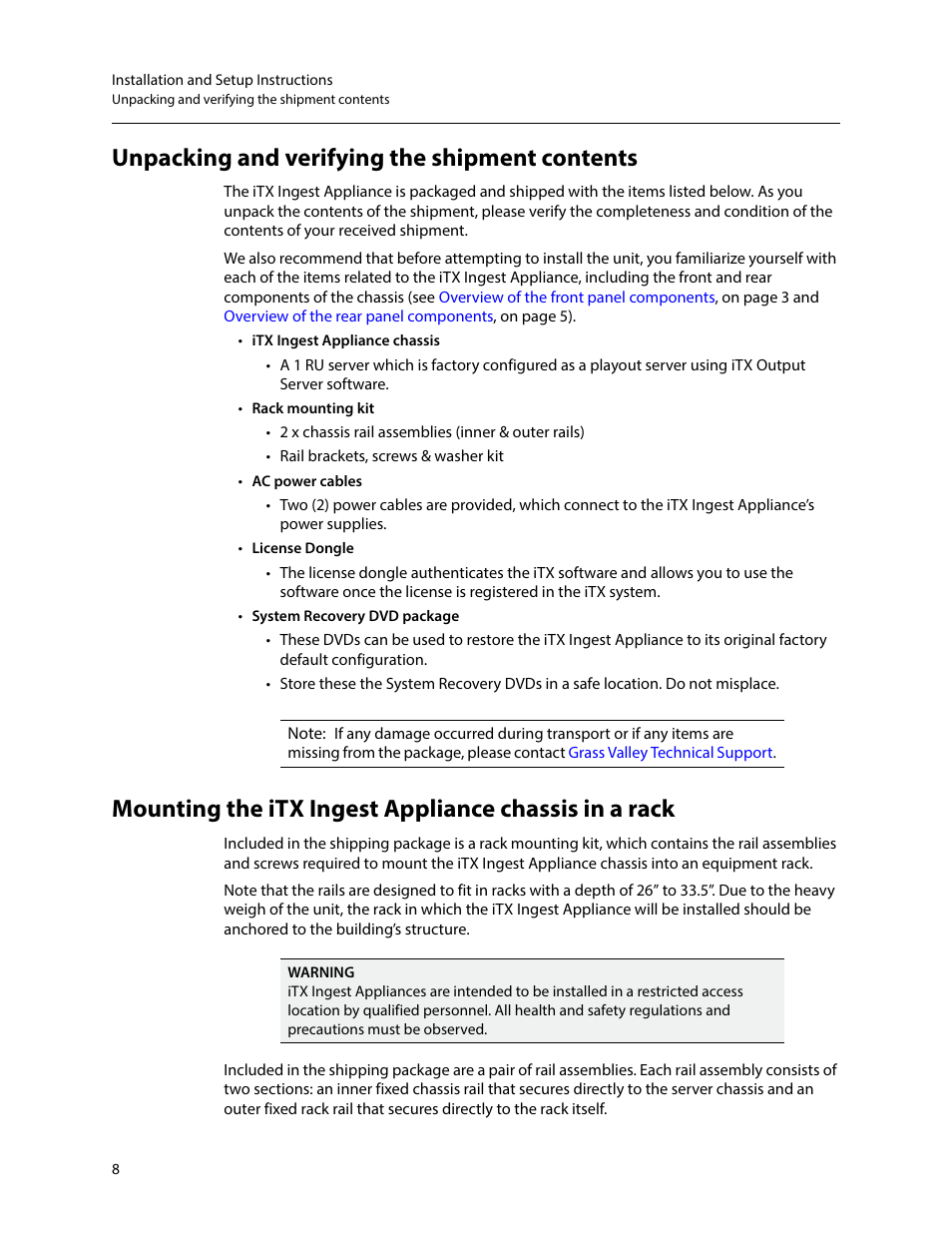 Unpacking and verifying the shipment contents | Grass Valley iTX Ingest Appliance v.2.3 User Manual | Page 20 / 33