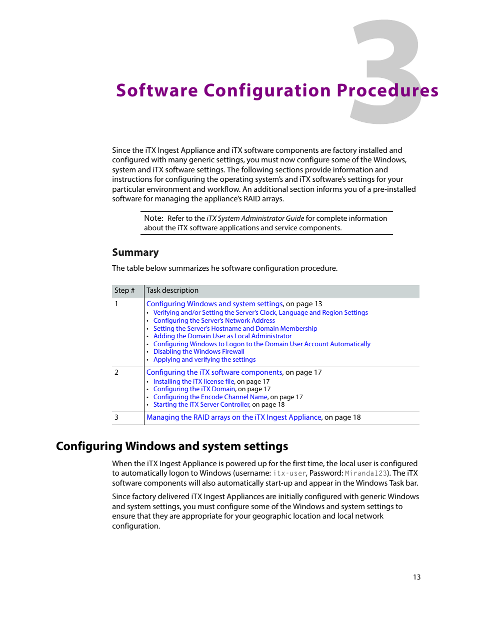 Software configuration procedures, Configuring windows and system settings, 3 software configuration procedures | Summary | Grass Valley iTX Ingest Appliance v.2.3 User Manual | Page 25 / 33