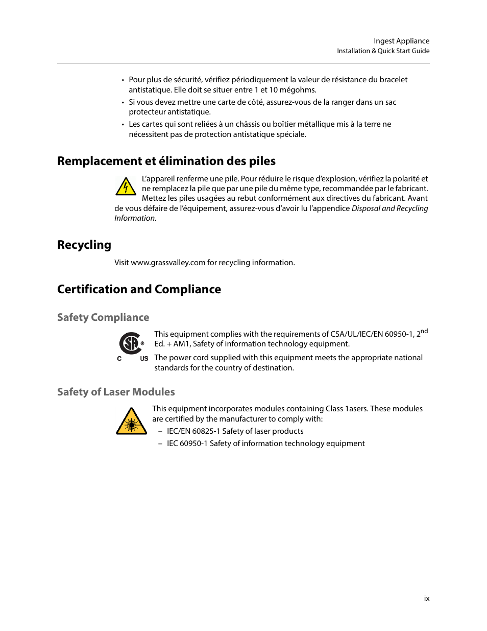 Remplacement et élimination des piles, Recycling, Certification and compliance | Safety compliance, Safety of laser modules | Grass Valley iTX Ingest Appliance v.2.3 User Manual | Page 9 / 33