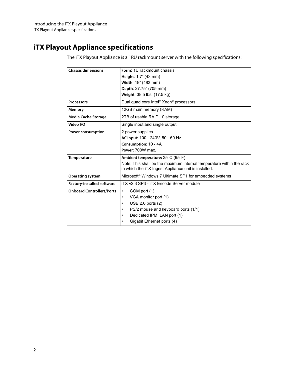 Itx playout appliance specifications | Grass Valley iTX Playout Appliance v.2.3 User Manual | Page 14 / 35