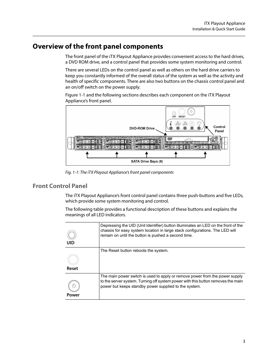 Overview of the front panel components, Front control panel | Grass Valley iTX Playout Appliance v.2.3 User Manual | Page 15 / 35