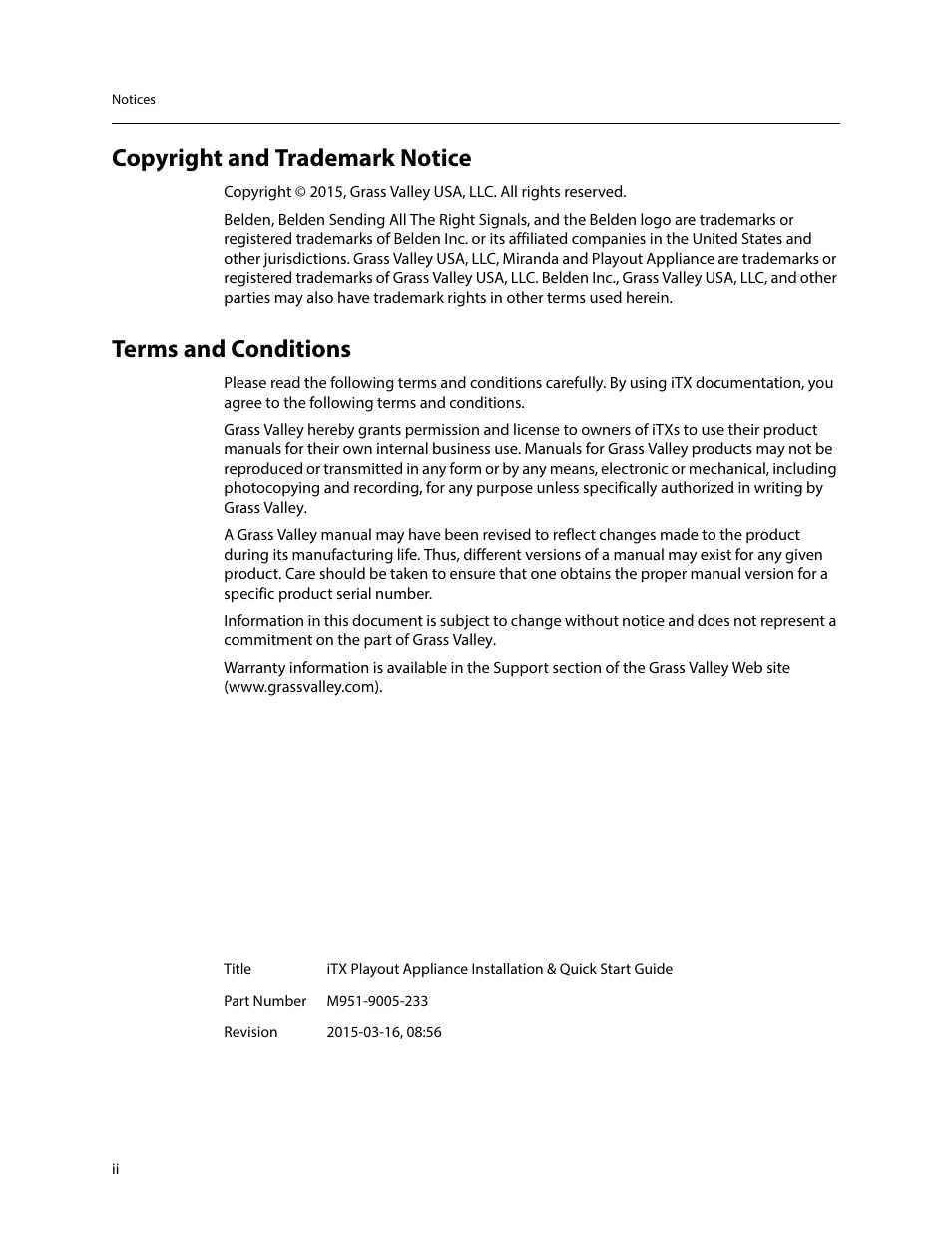 Copyright and trademark notice, Terms and conditions | Grass Valley iTX Playout Appliance v.2.3 User Manual | Page 2 / 35