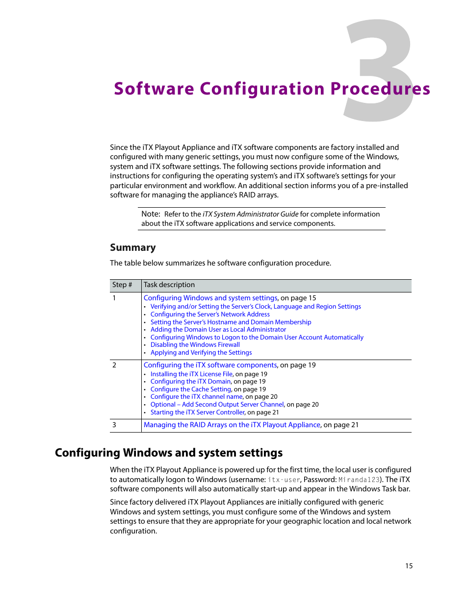 Software configuration procedures, Configuring windows and system settings, 3 software configuration procedures | Summary | Grass Valley iTX Playout Appliance v.2.3 User Manual | Page 27 / 35