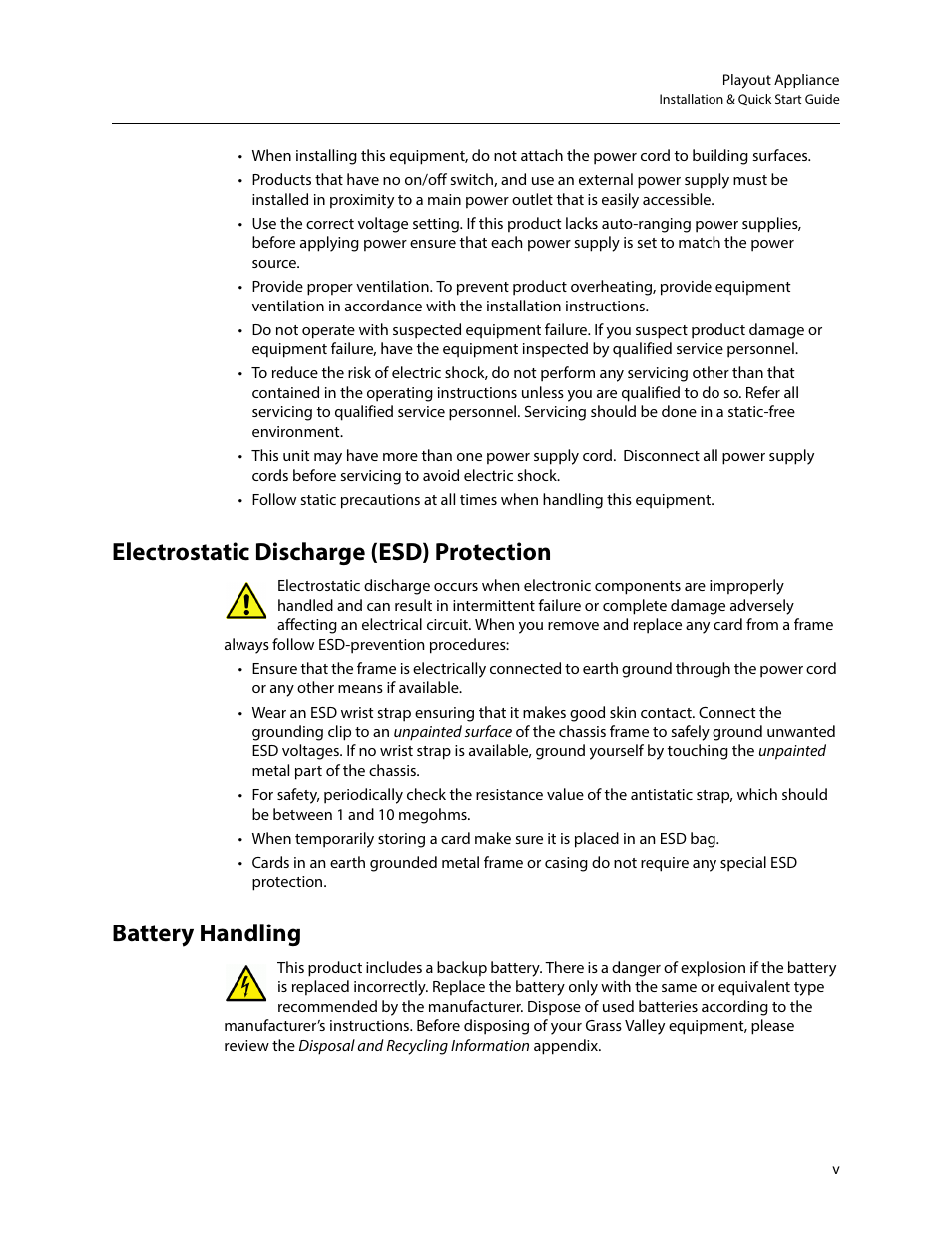 Electrostatic discharge (esd) protection, Battery handling | Grass Valley iTX Playout Appliance v.2.3 User Manual | Page 5 / 35