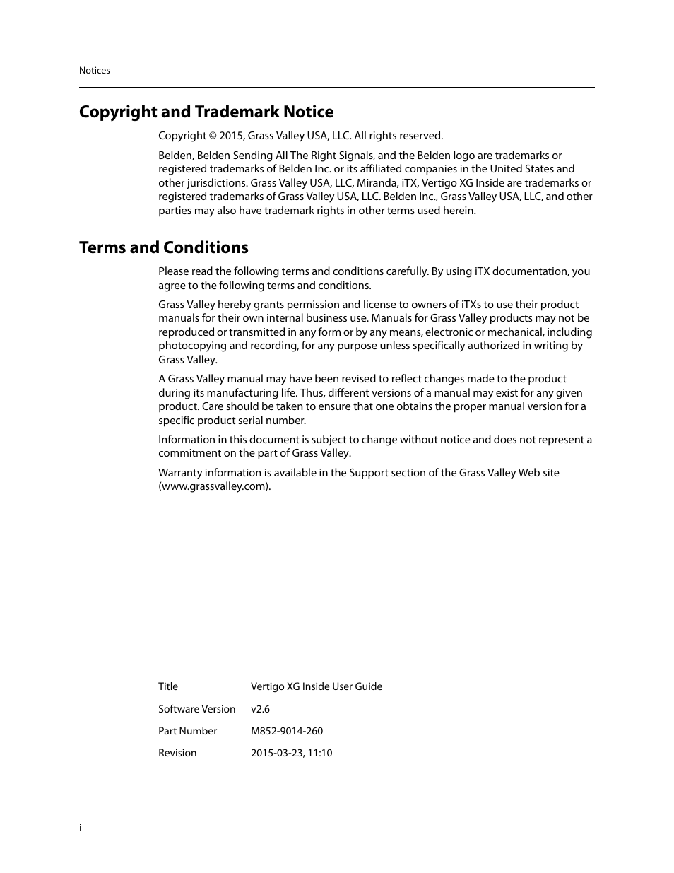 Copyright and trademark notice, Terms and conditions | Grass Valley Vertigo XG Integration v.2.6 User Manual | Page 2 / 35