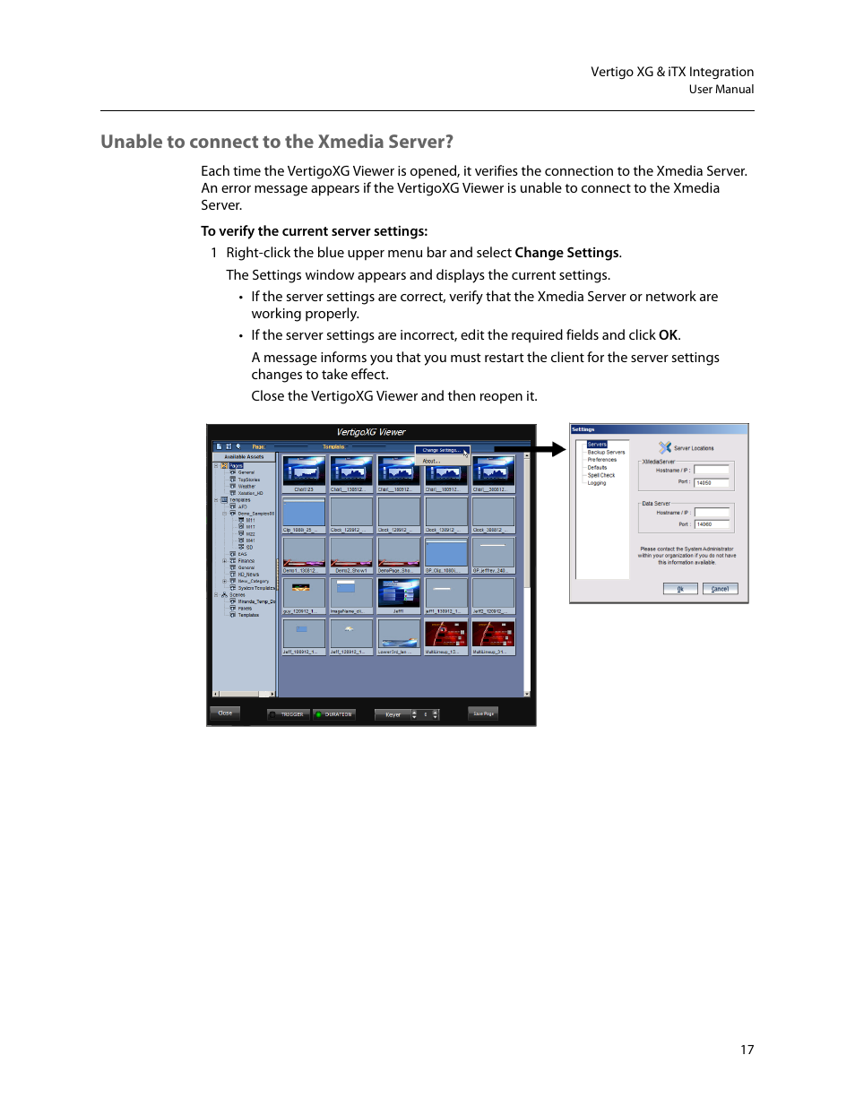 Unable to connect to the xmedia server | Grass Valley Vertigo XG Integration v.2.6 User Manual | Page 23 / 35