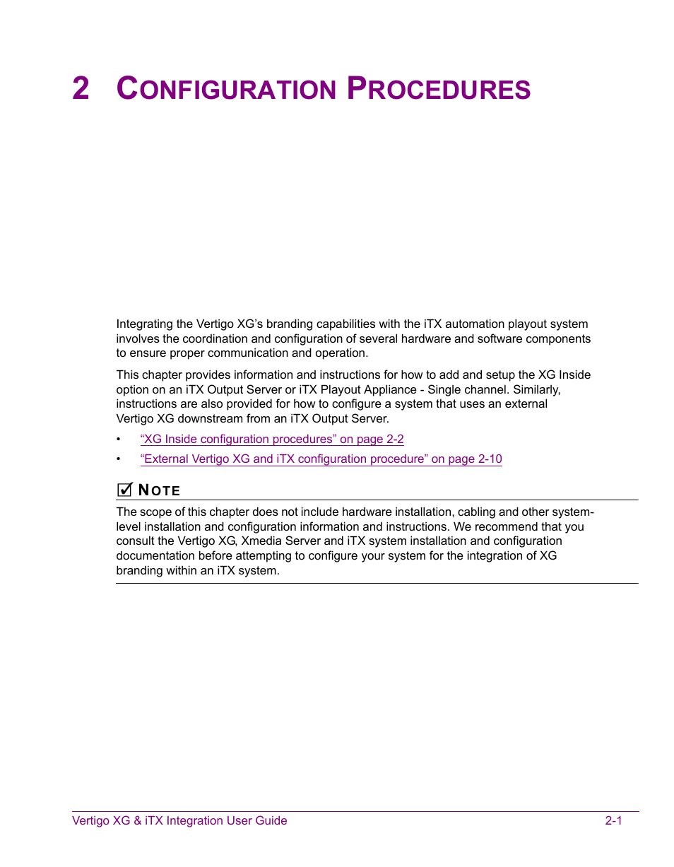 2 configuration procedures, Configuration procedures -1, Onfiguration | Rocedures | Grass Valley Vertigo XG Integration v.2.3 User Manual | Page 11 / 50
