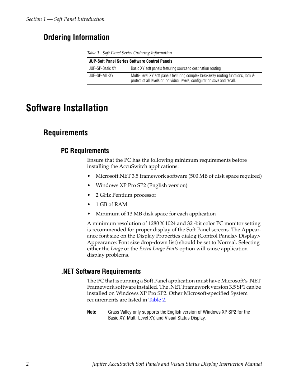 Ordering information, Software installation, Requirements | Pc requirements, Net software requirements | Grass Valley Jupiter v.1.0.0 User Manual | Page 10 / 86