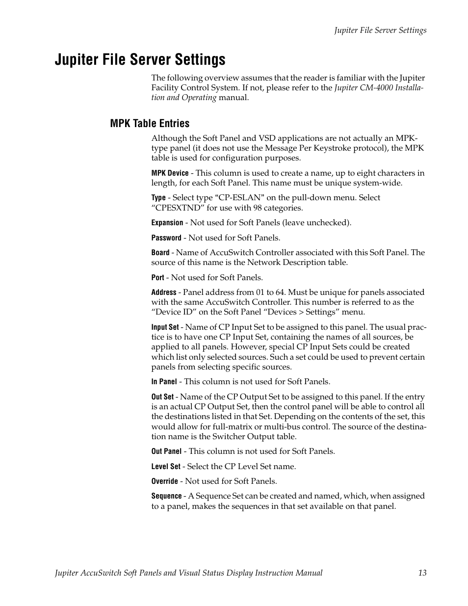 Jupiter file server settings, Mpk table entries | Grass Valley Jupiter v.1.0.0 User Manual | Page 21 / 86