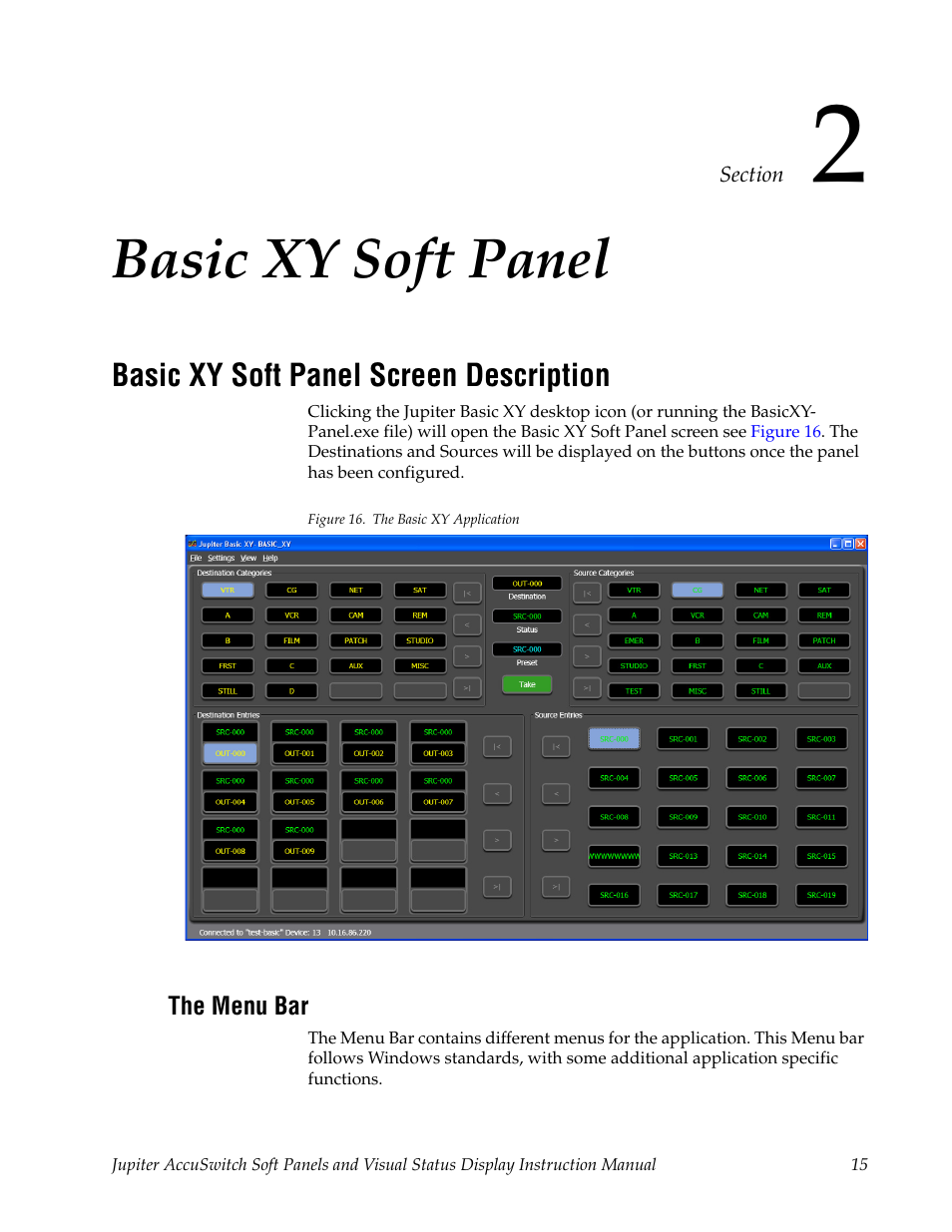 Basic xy soft panel, Basic xy soft panel screen description, The menu bar | Section 2 — basic xy soft panel | Grass Valley Jupiter v.1.0.0 User Manual | Page 23 / 86