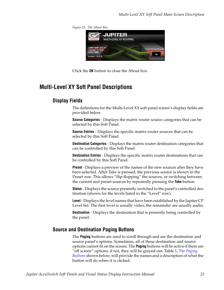 Multi-level xy soft panel descriptions, Display fields, Source and destination paging buttons | Grass Valley Jupiter v.1.0.0 User Manual | Page 31 / 86