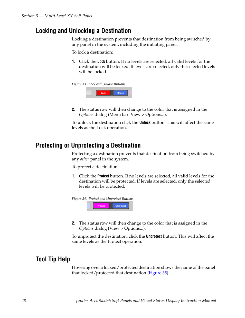 Locking and unlocking a destination, Protecting or unprotecting a destination, Tool tip help | Grass Valley Jupiter v.1.0.0 User Manual | Page 36 / 86