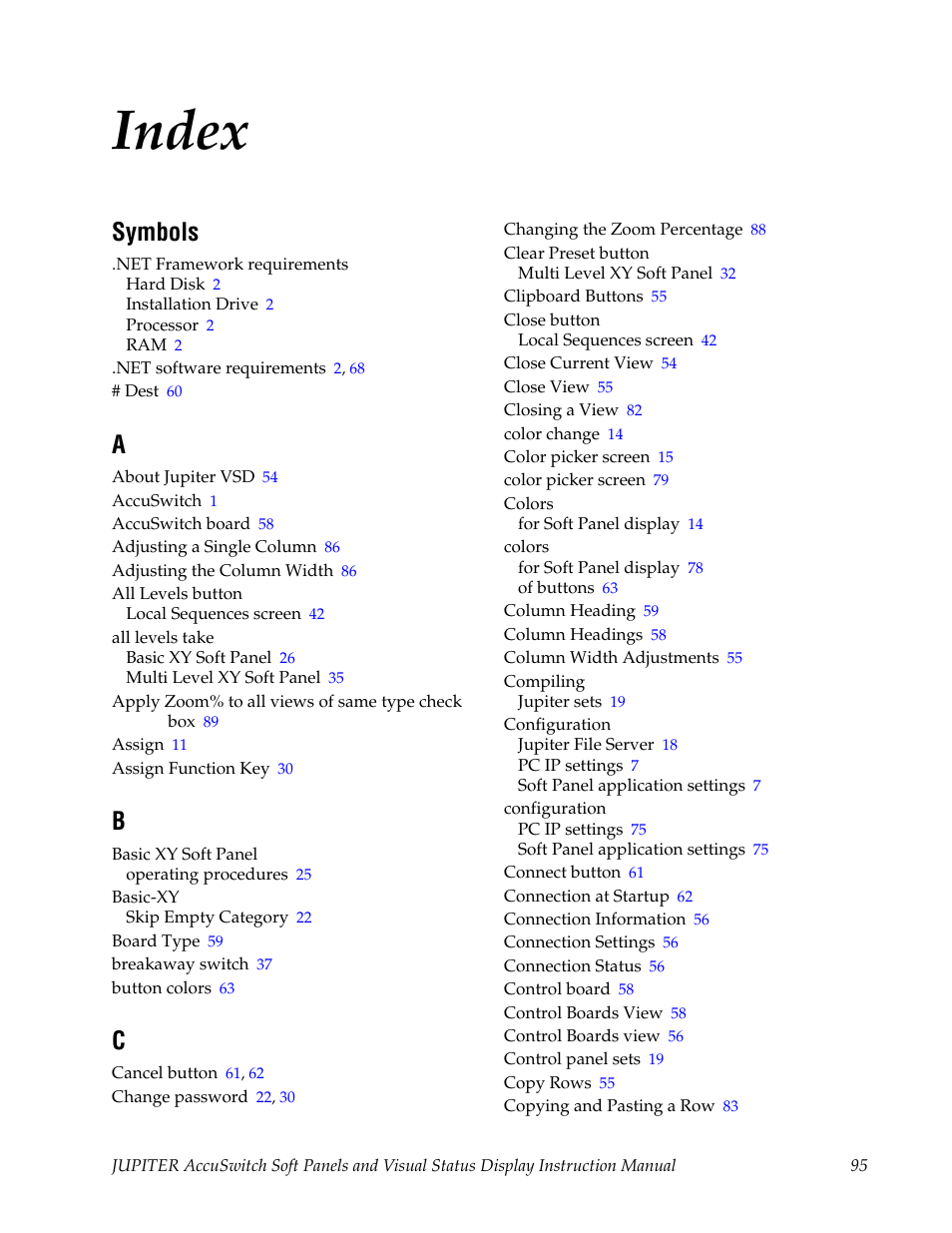 Index, Symbols | Grass Valley Jupiter v.1.1.0 User Manual | Page 105 / 110