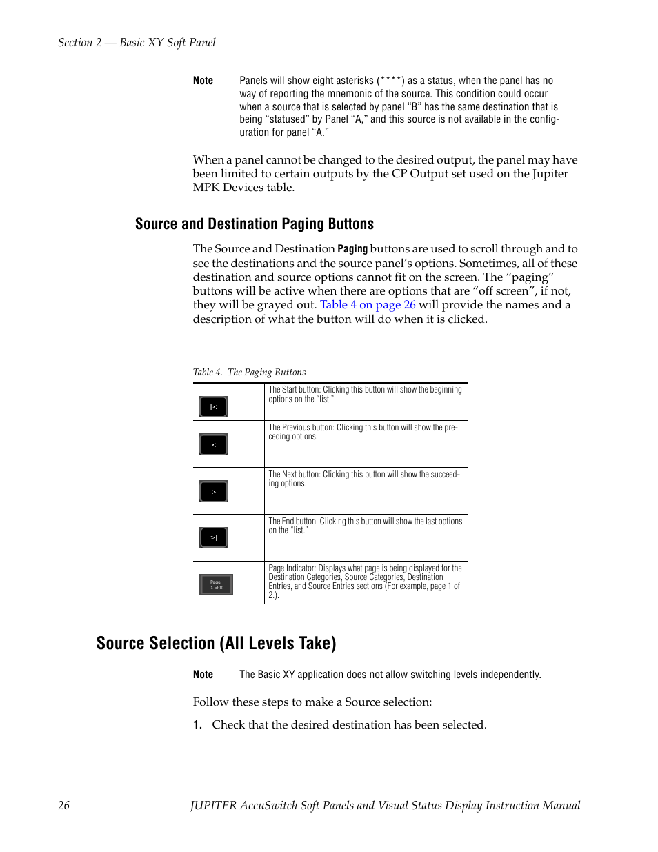 Source and destination paging buttons, Source selection (all levels take) | Grass Valley Jupiter v.1.1.0 User Manual | Page 34 / 110