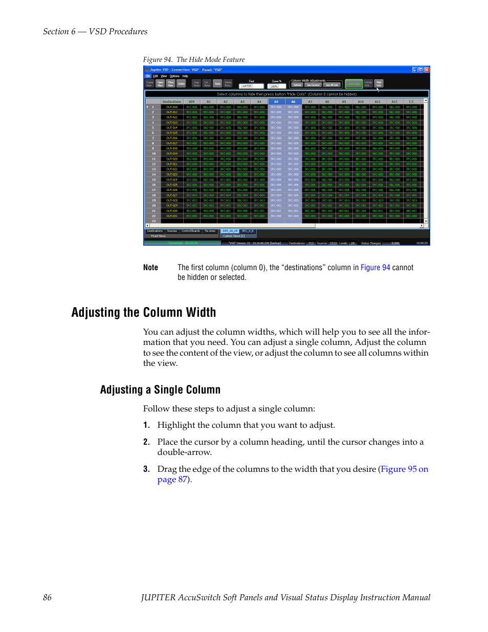 Adjusting the column width, Adjusting a single column | Grass Valley Jupiter v.1.1.0 User Manual | Page 96 / 110