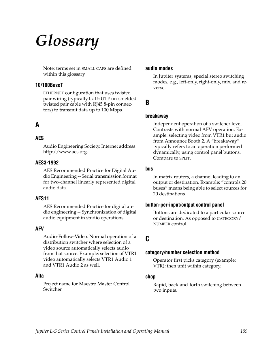 Glossary, Breakaway, Category | Grass Valley Jupiter v.1.0 User Manual | Page 109 / 124