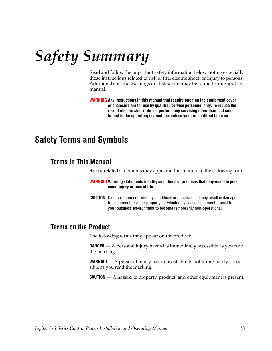 Safety summary, Safety terms and symbols, Terms in this manual | Terms on the product | Grass Valley Jupiter v.1.0 User Manual | Page 13 / 124