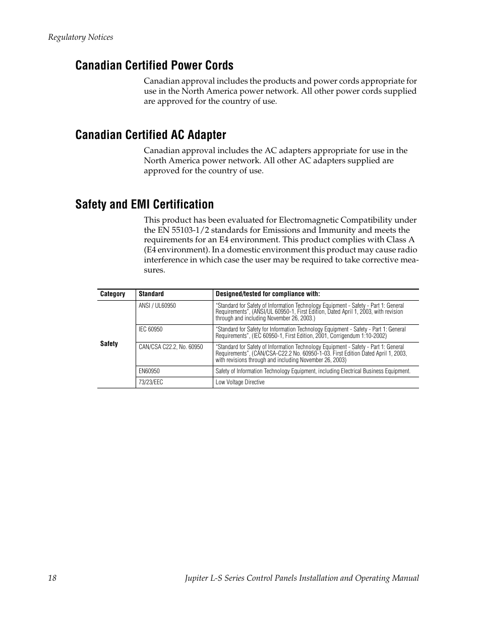 Canadian certified power cords, Canadian certified ac adapter, Safety and emi certification | Grass Valley Jupiter v.1.0 User Manual | Page 18 / 124