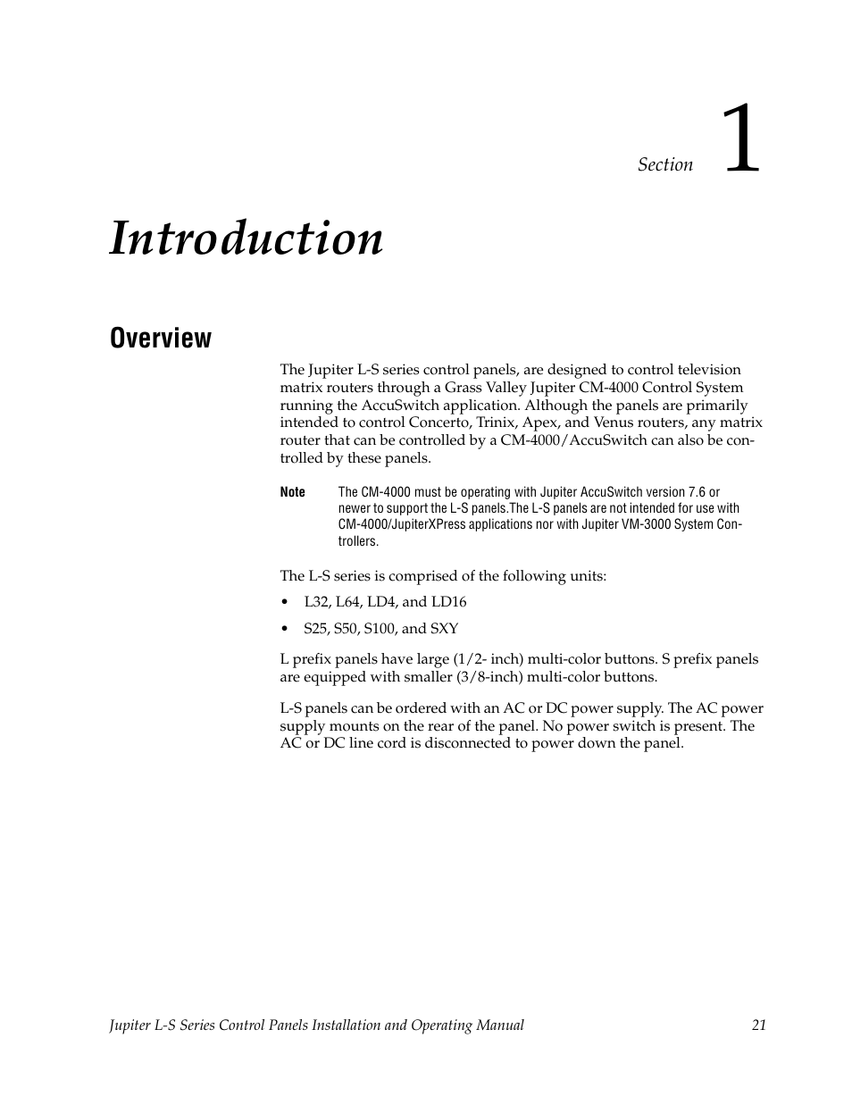 Introduction, Overview, Section 1 — introduction | Grass Valley Jupiter v.1.0 User Manual | Page 21 / 124