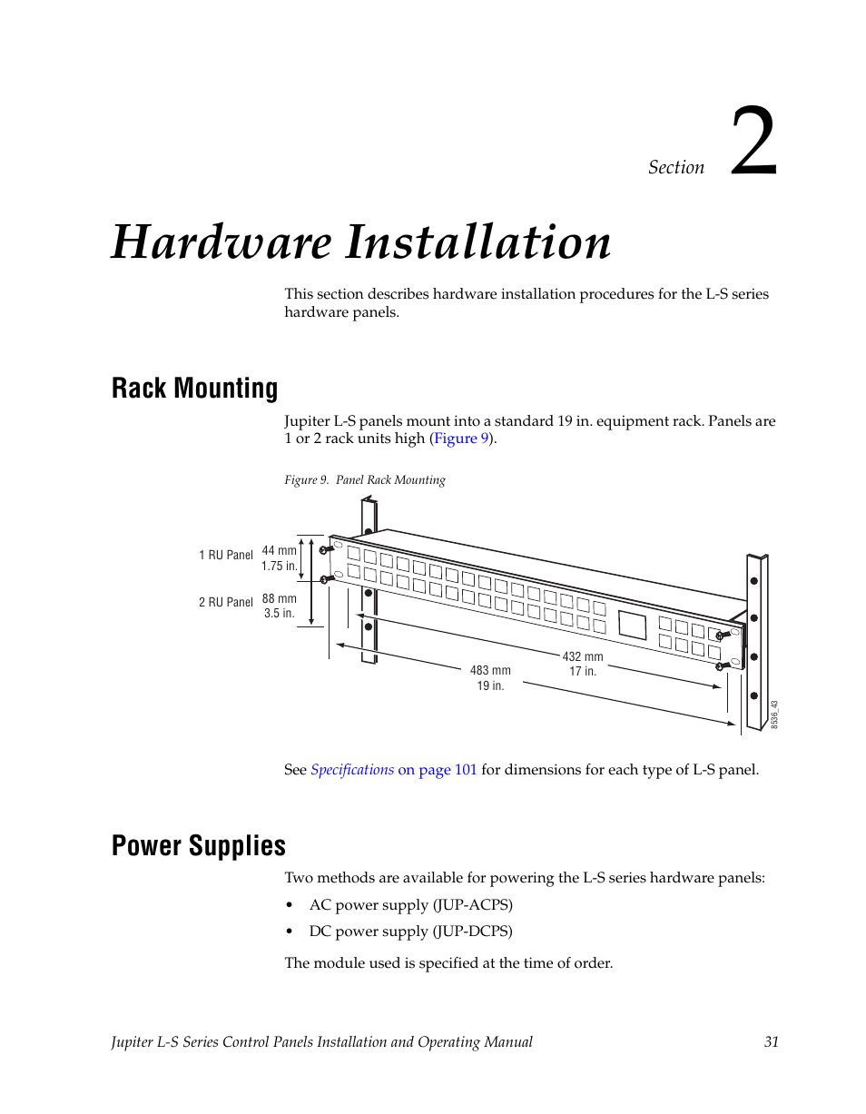 Hardware installation, Rack mounting, Power supplies | Section 2 — hardware installation | Grass Valley Jupiter v.1.0 User Manual | Page 31 / 124