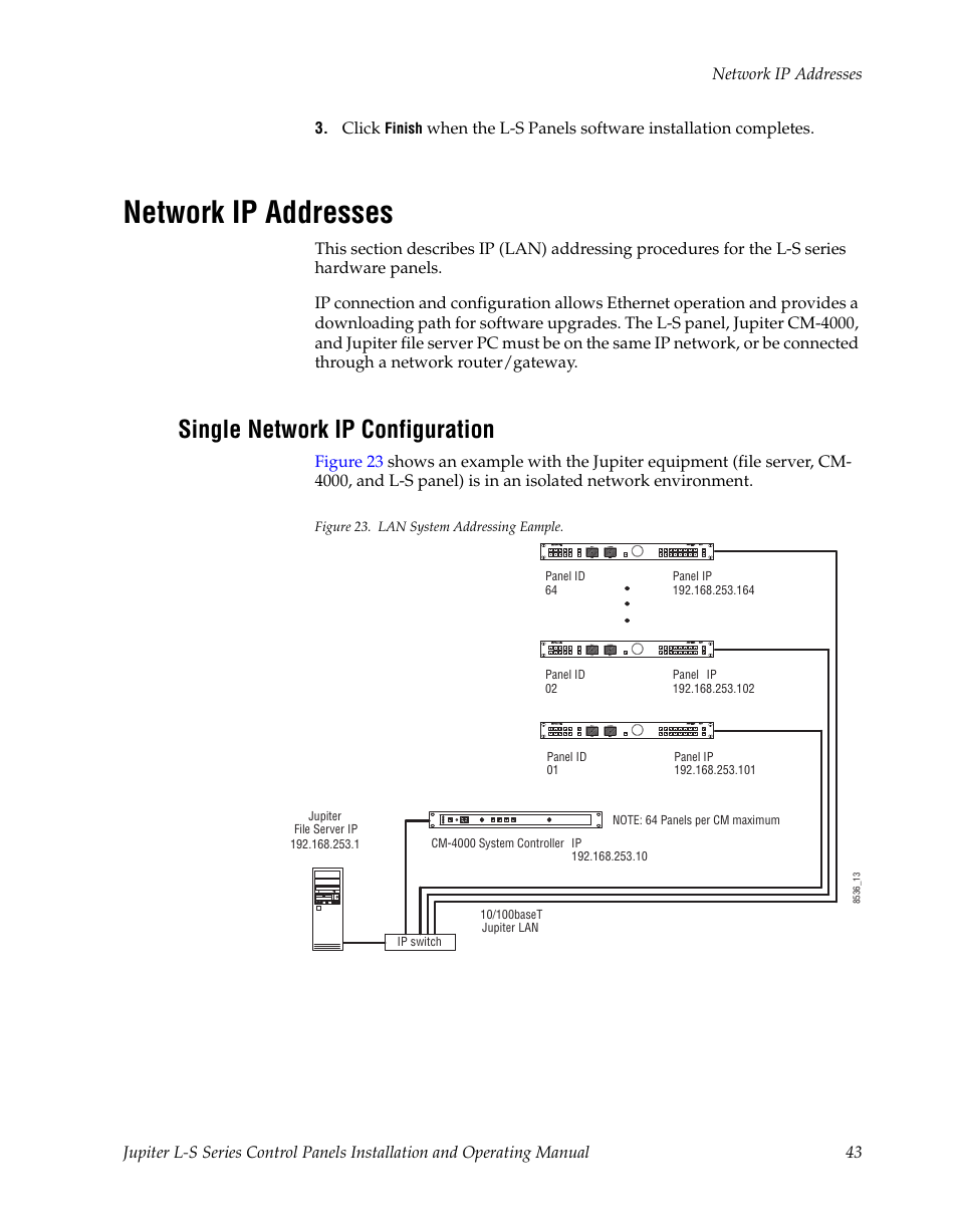 Network ip addresses, Single network ip configuration | Grass Valley Jupiter v.1.0 User Manual | Page 43 / 124
