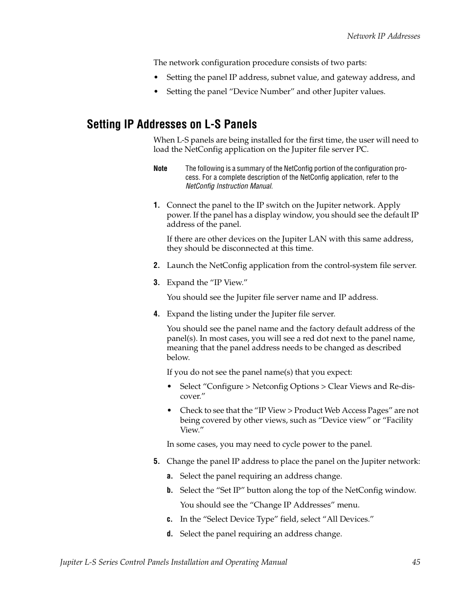 Setting ip addresses on l-s panels | Grass Valley Jupiter v.1.0 User Manual | Page 45 / 124