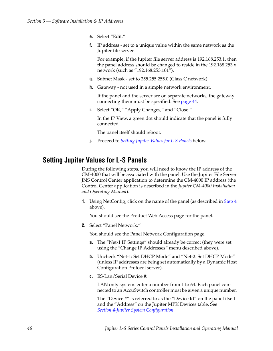Setting jupiter values for l-s panels | Grass Valley Jupiter v.1.0 User Manual | Page 46 / 124