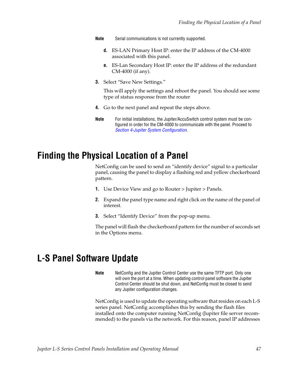 Finding the physical location of a panel, L-s panel software update | Grass Valley Jupiter v.1.0 User Manual | Page 47 / 124