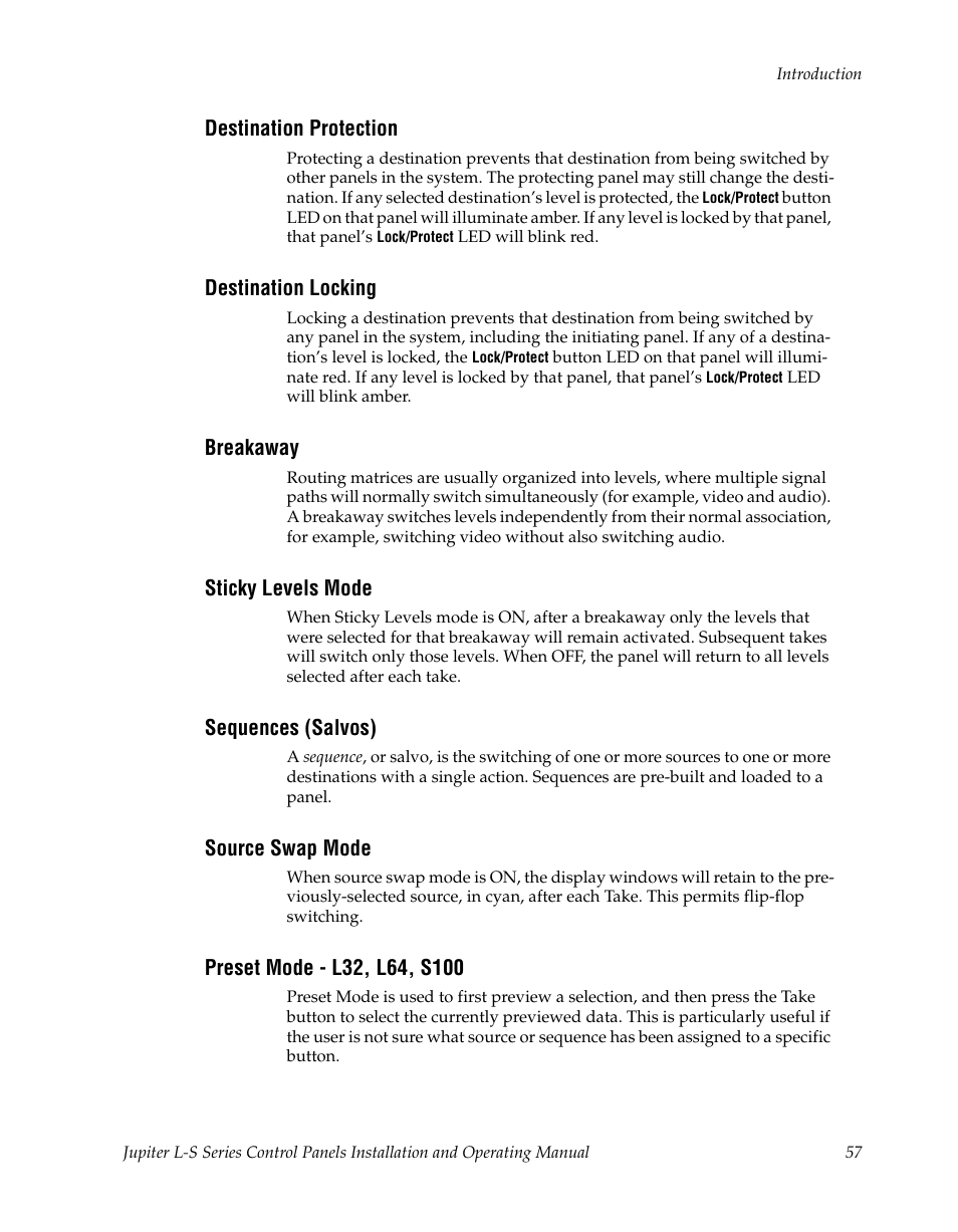 Destination protection, Destination locking, Breakaway | Sticky levels mode, Sequences (salvos), Source swap mode, Preset mode - l32, l64, s100 | Grass Valley Jupiter v.1.0 User Manual | Page 57 / 124