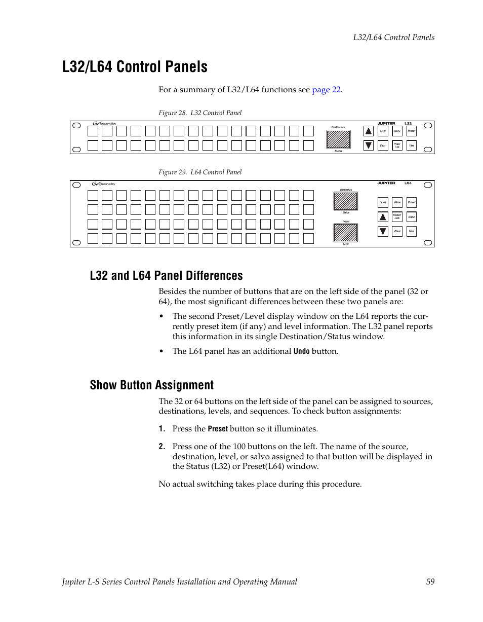 L32/l64 control panels, L32 and l64 panel differences, Show button assignment | Grass Valley Jupiter v.1.0 User Manual | Page 59 / 124