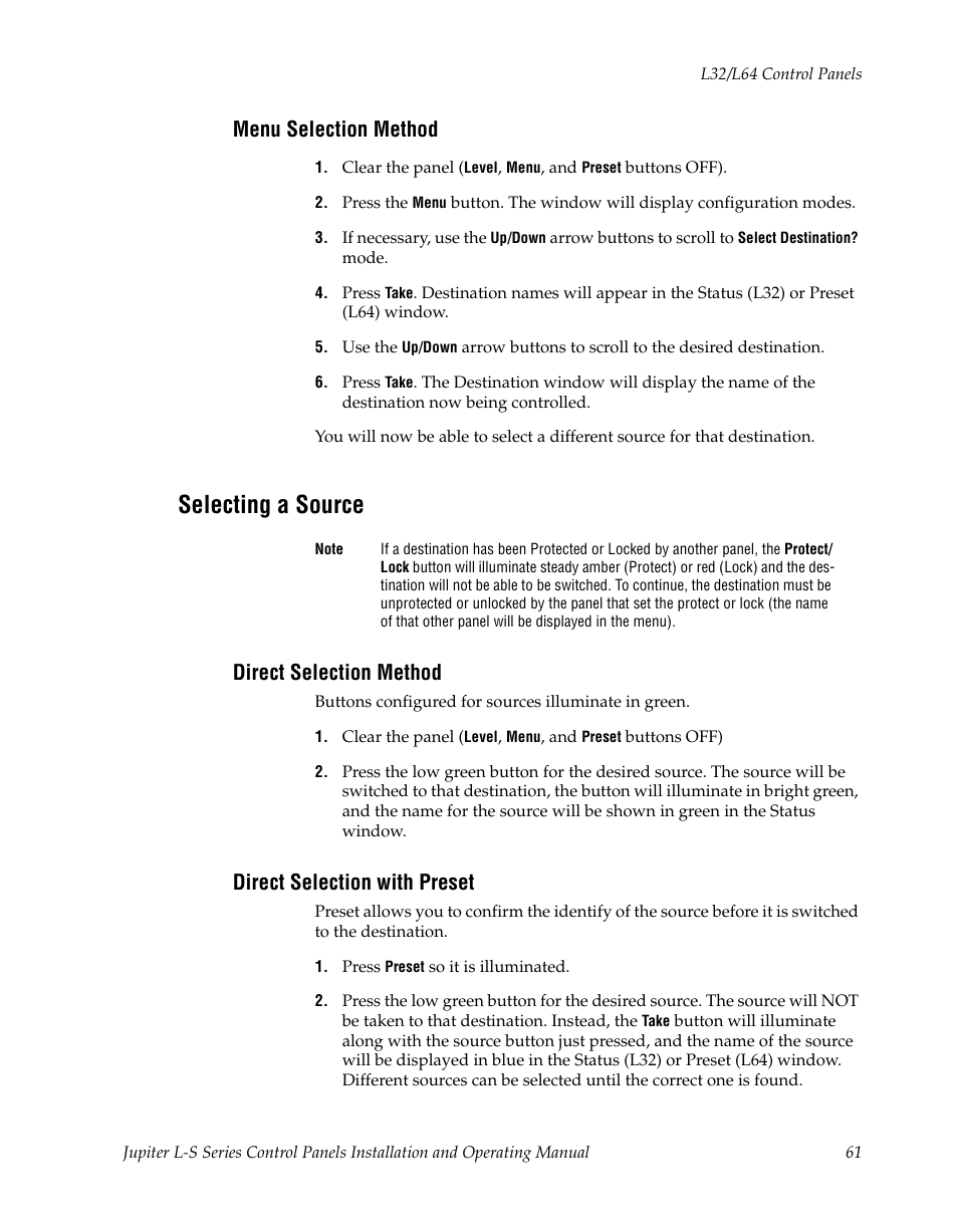 Menu selection method, Selecting a source, Direct selection method | Direct selection with preset | Grass Valley Jupiter v.1.0 User Manual | Page 61 / 124