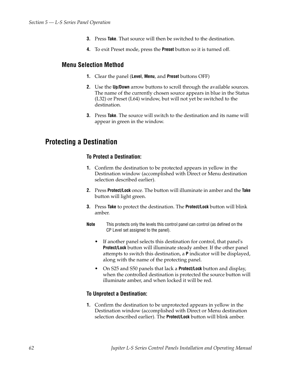 Menu selection method, Protecting a destination | Grass Valley Jupiter v.1.0 User Manual | Page 62 / 124