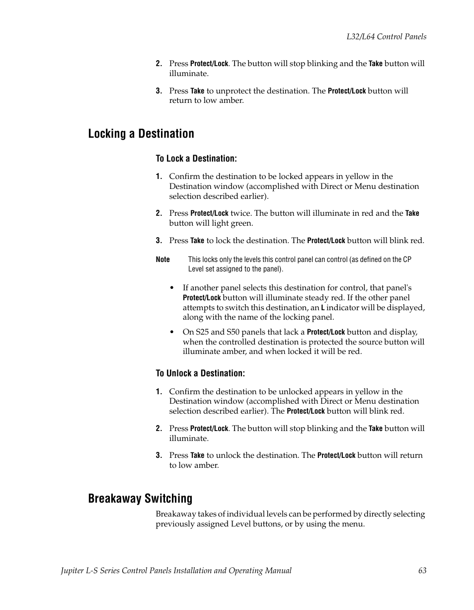 Locking a destination, Breakaway switching | Grass Valley Jupiter v.1.0 User Manual | Page 63 / 124