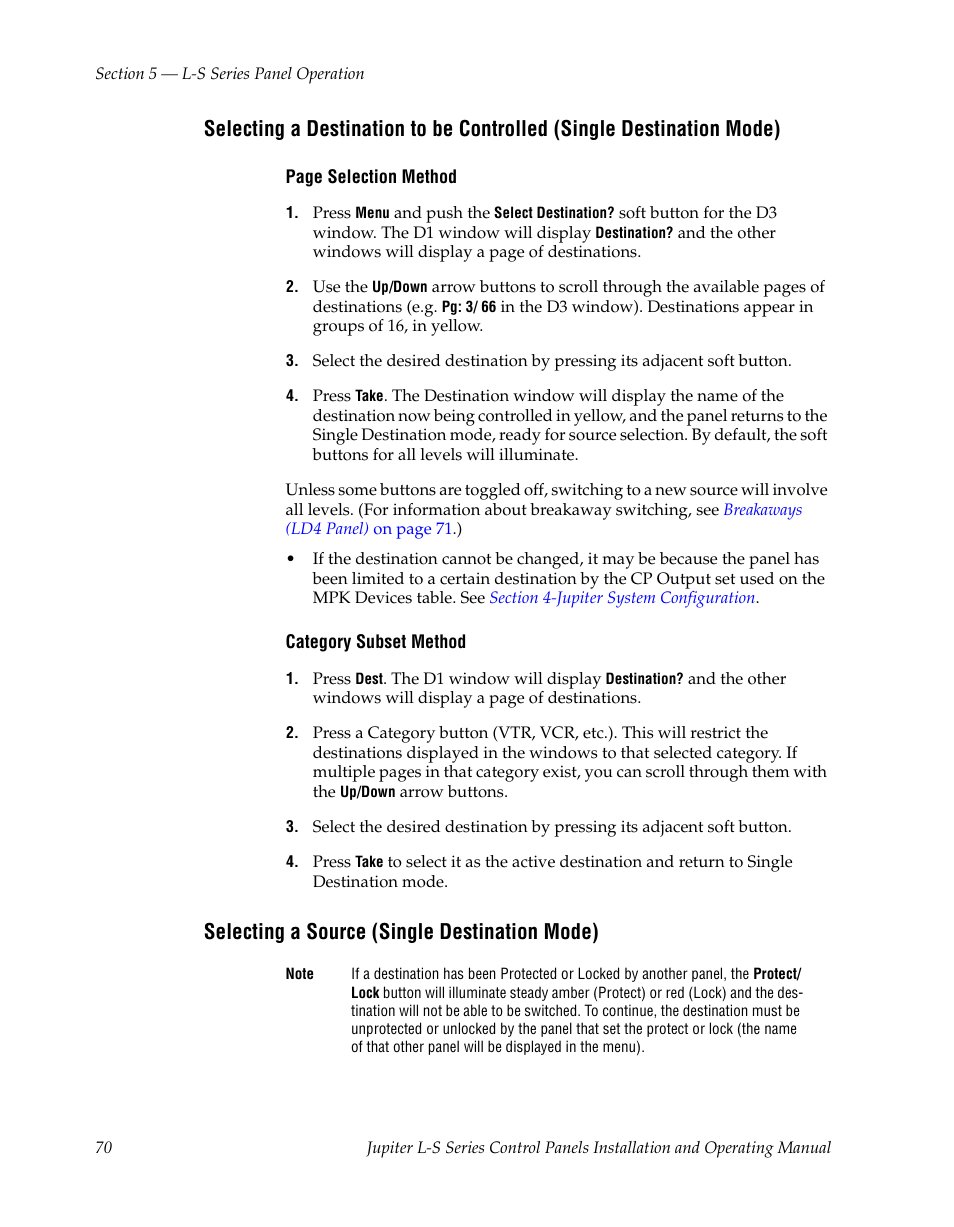 Selecting a source (single destination mode) | Grass Valley Jupiter v.1.0 User Manual | Page 70 / 124