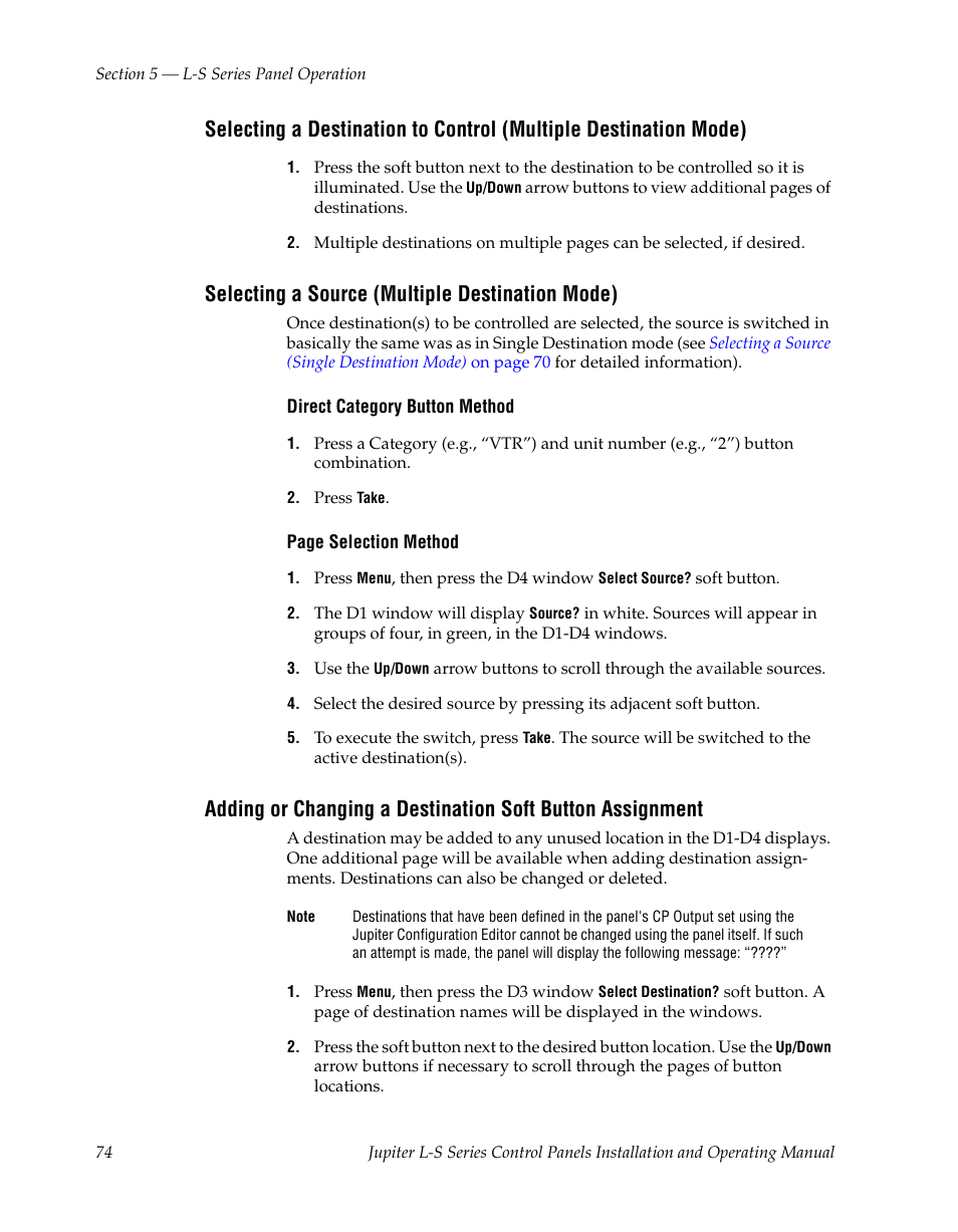 Selecting a source (multiple destination mode) | Grass Valley Jupiter v.1.0 User Manual | Page 74 / 124