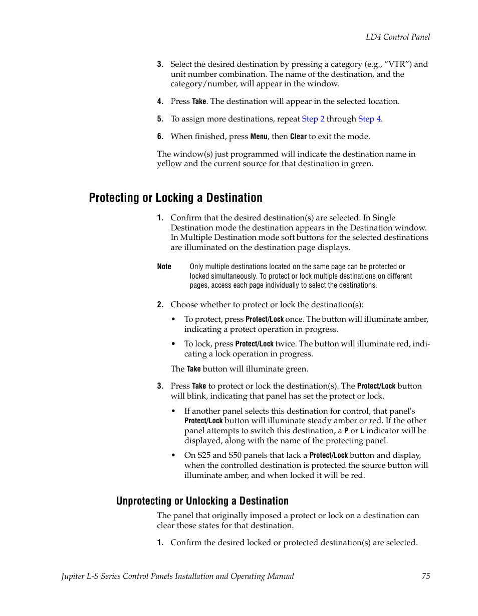 Protecting or locking a destination, Unprotecting or unlocking a destination | Grass Valley Jupiter v.1.0 User Manual | Page 75 / 124