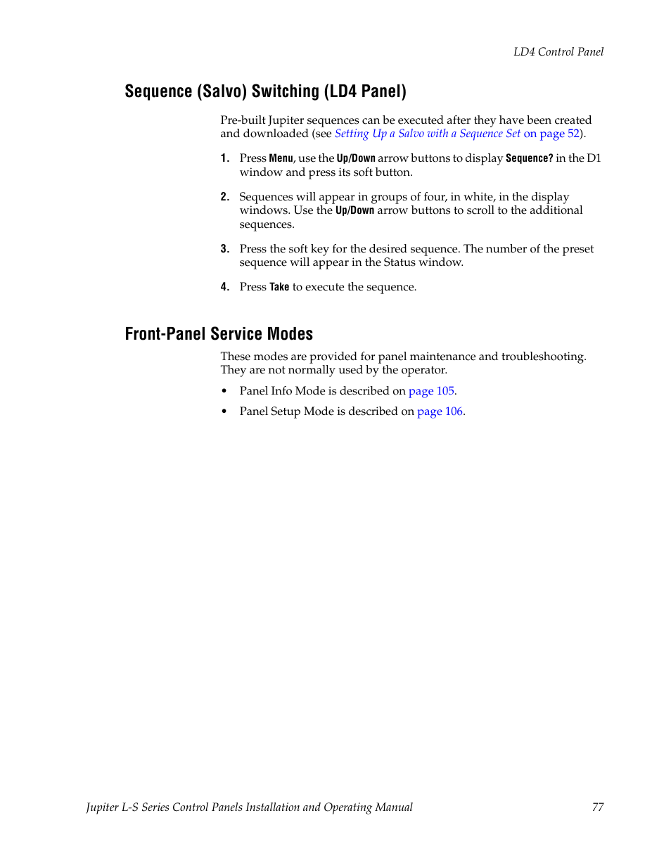 Sequence (salvo) switching (ld4 panel), Front-panel service modes | Grass Valley Jupiter v.1.0 User Manual | Page 77 / 124